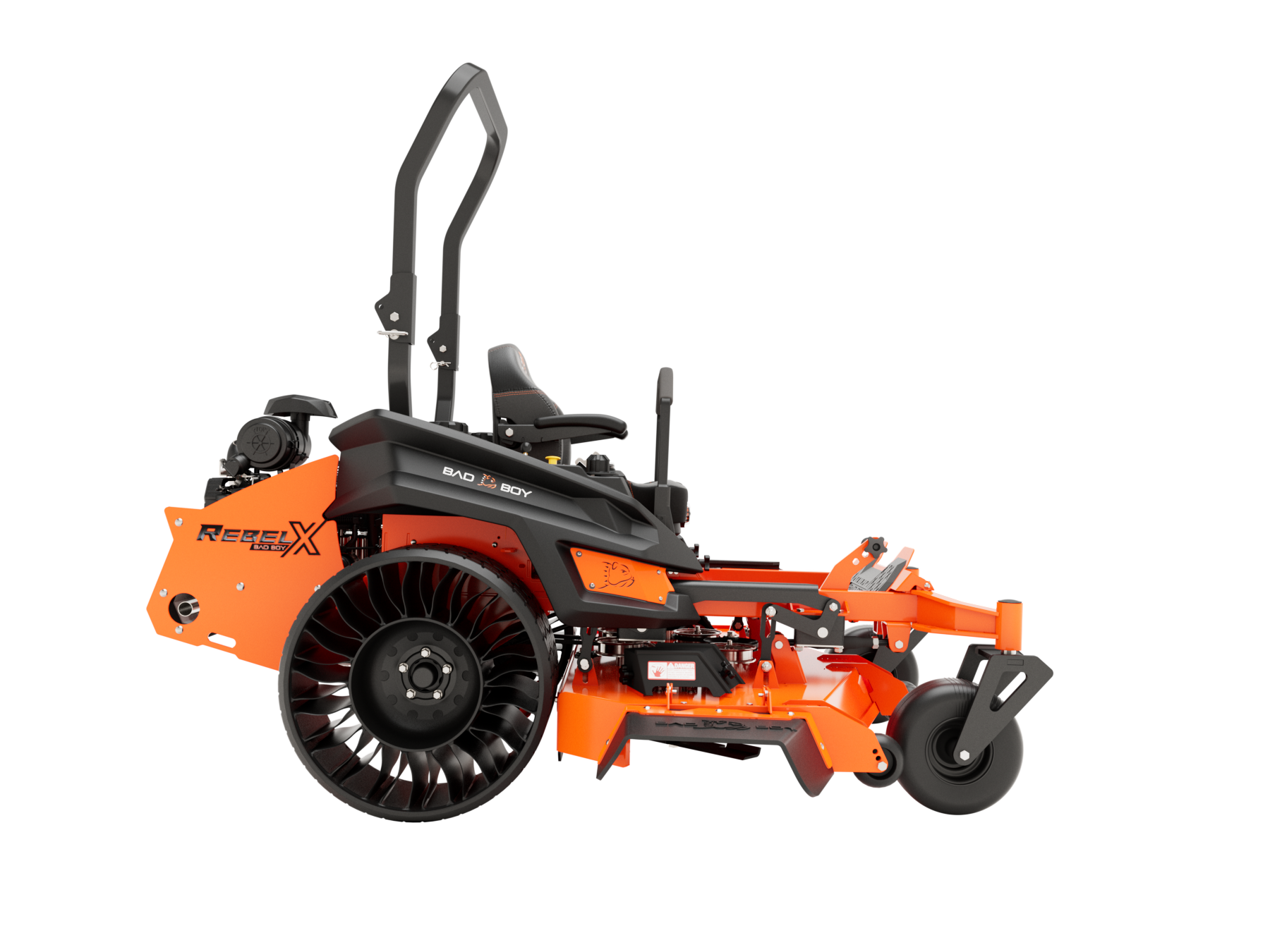 Orange and black zero-turn lawnmower with a large tire and seat.