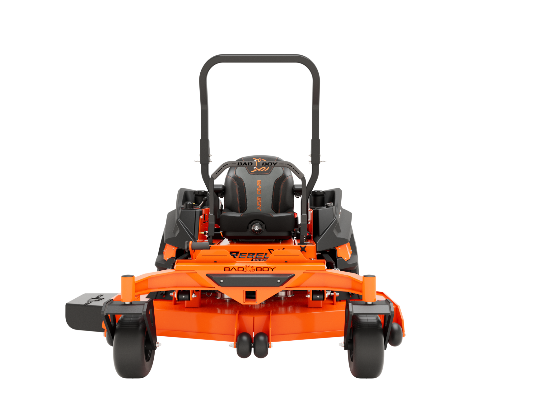 Orange and black zero-turn lawn mower, front view.