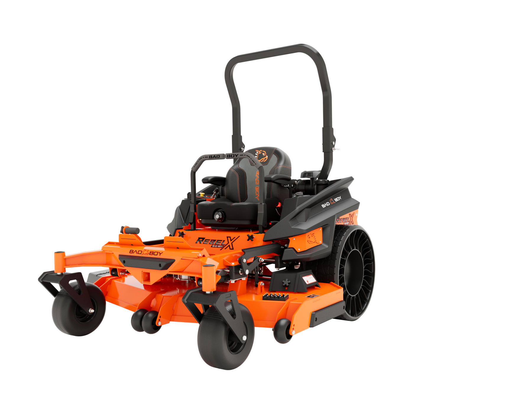 Orange and black zero-turn lawn mower on white background.