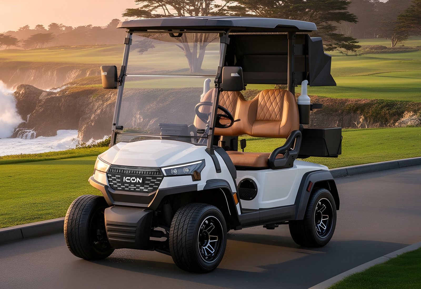 White golf cart on a path, ocean and cliffs in background. Brown interior, black wheels.