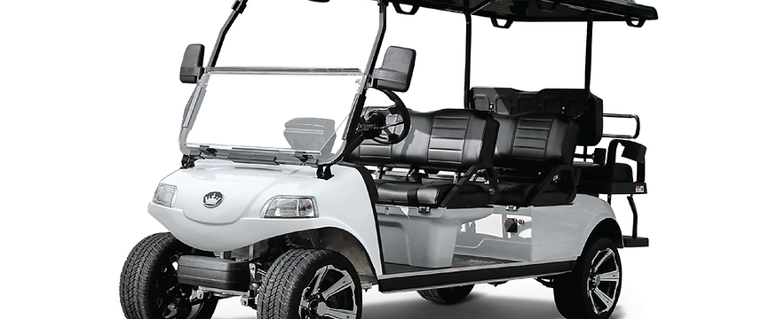 White golf cart with black accents, sitting on white background.