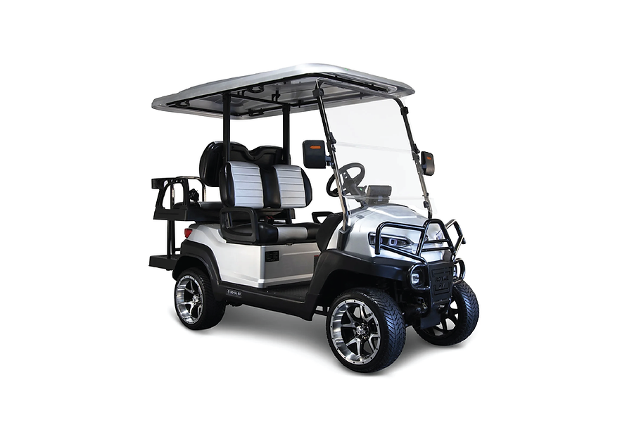 White and silver golf cart with a canopy, black seats, and large wheels.