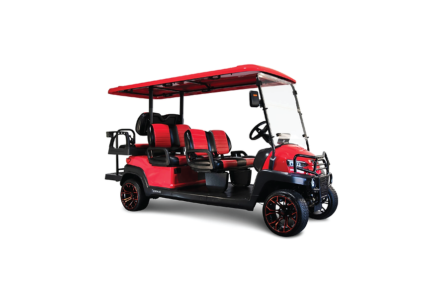 Red six-seater golf cart with black accents, parked on a white background.