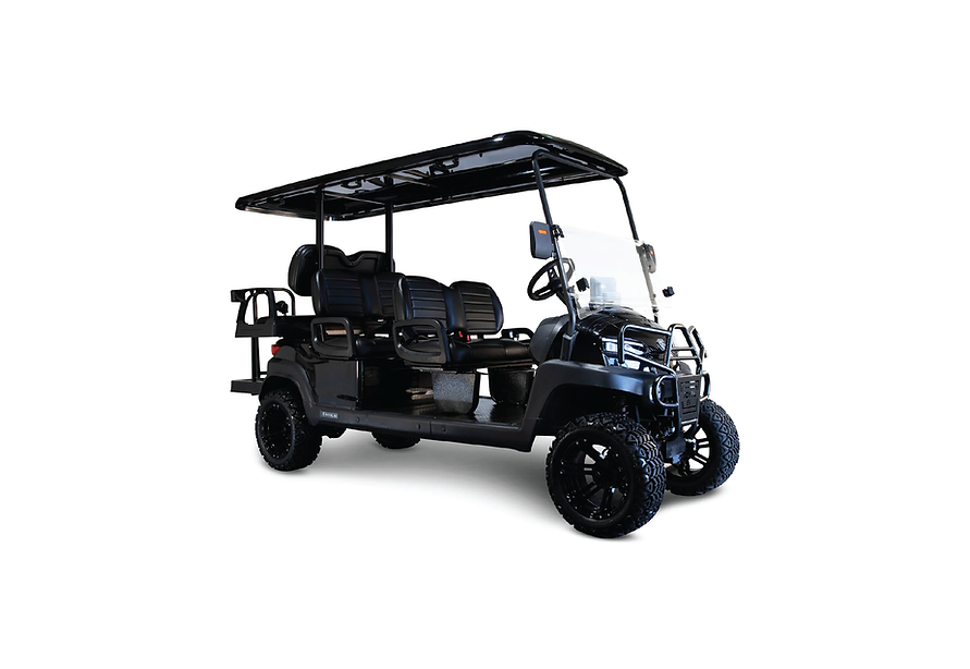 Black golf cart with raised suspension, seats six, on a white background.