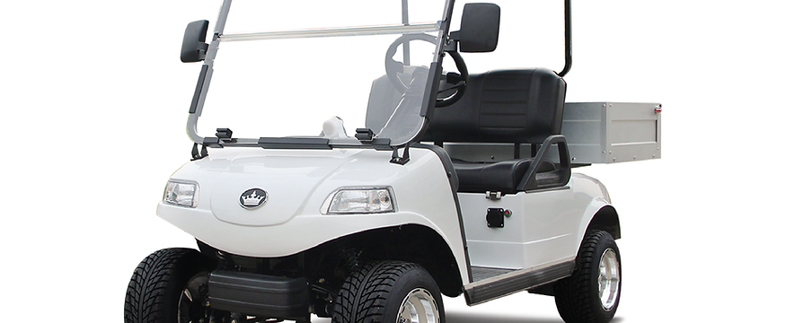 White golf cart with storage box, black tires, and off-road design.