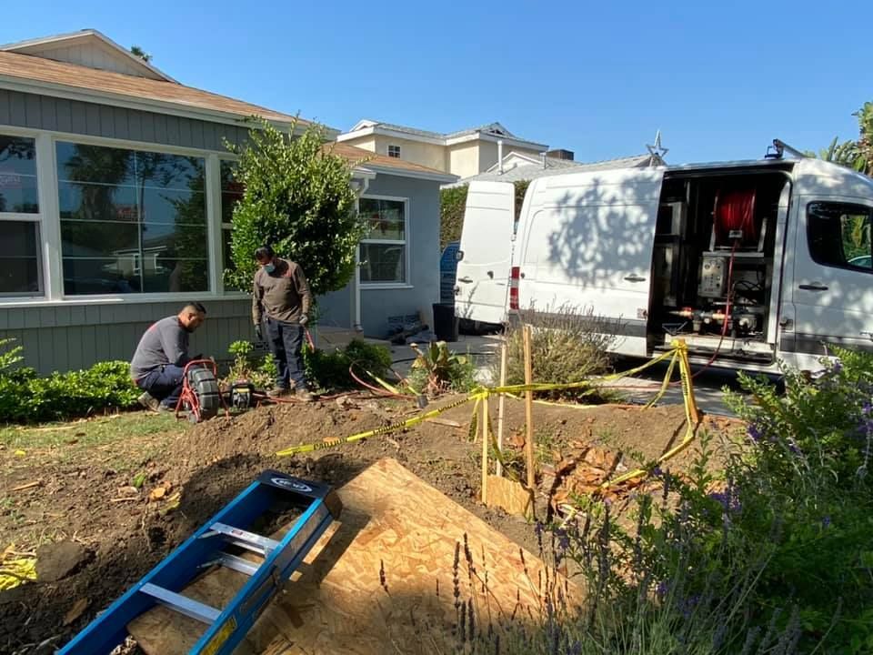Two workers landscaping a front yard beside a white truck and blue wheelbarrow