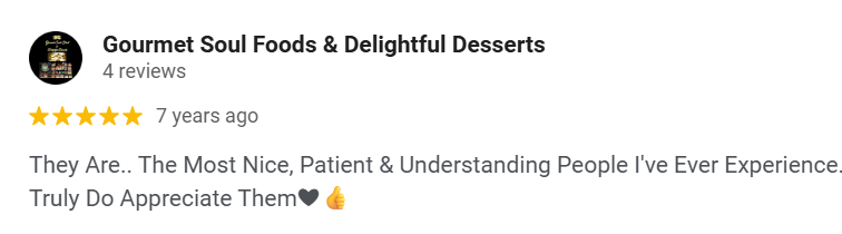 Review for Gourmet Soul Foods & Delightful Desserts. 5 stars.