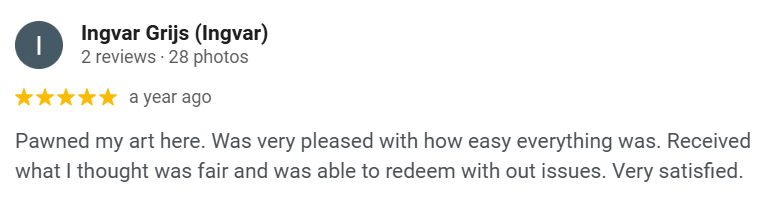 Review of a pawn shop, 5-star rating by Ingvar, who pawned art and was satisfied.