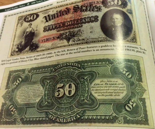 Two sides of a 1869 $50 U.S. bill with a woman on the front, Henry Clay's portrait, and ornate green design on the back.