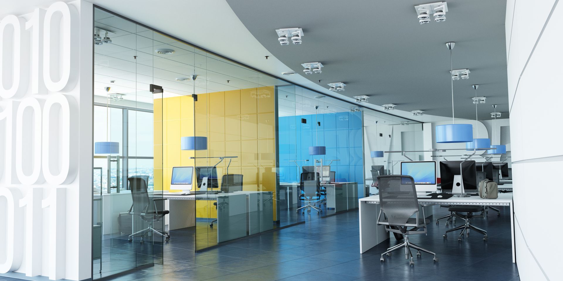 Modern glass office with yellow and blue meeting rooms, desks, and chairs