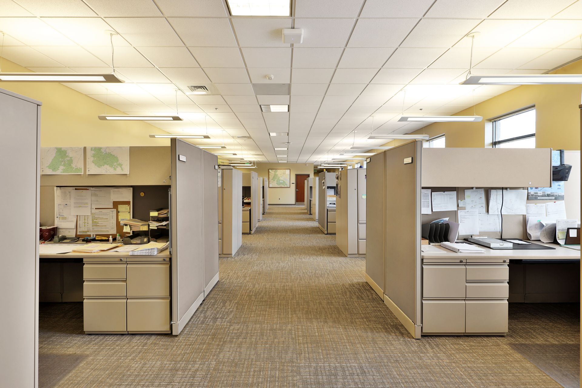 Empty office cubicles lining a carpeted hallway under fluorescent ceiling lights.