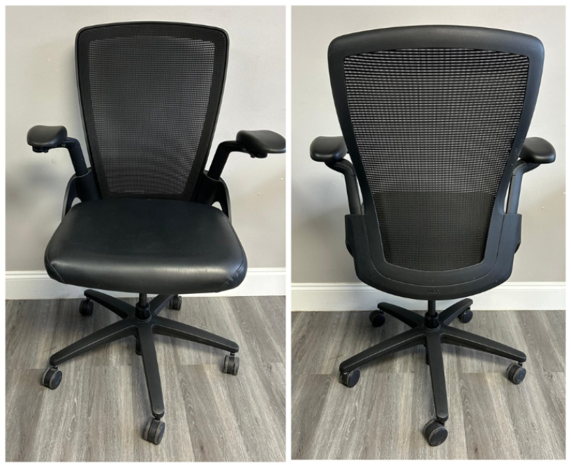 Black mesh office chair shown front and back on a light wood floor.