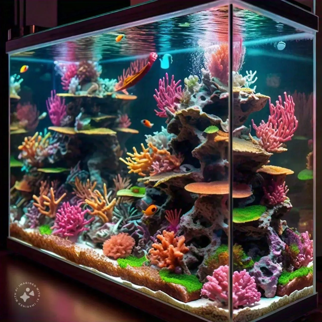 Vibrant aquarium filled with colorful coral and fish. Bubbles rise from the center, highlighting a rich underwater scene.
