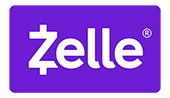 A purple zelle logo with white letters on a white background.