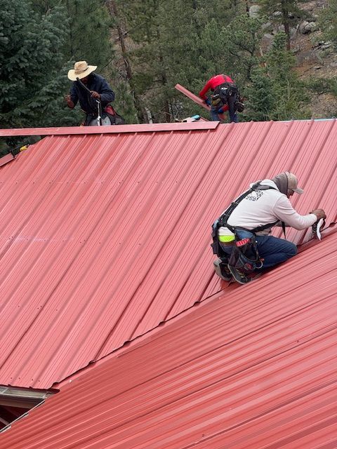 Workers installing a red metal roof on a steep hillside house, with pine trees in the background