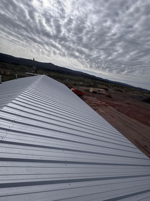 Corrugated metal roof stretching toward a cloudy sky over a rural landscape