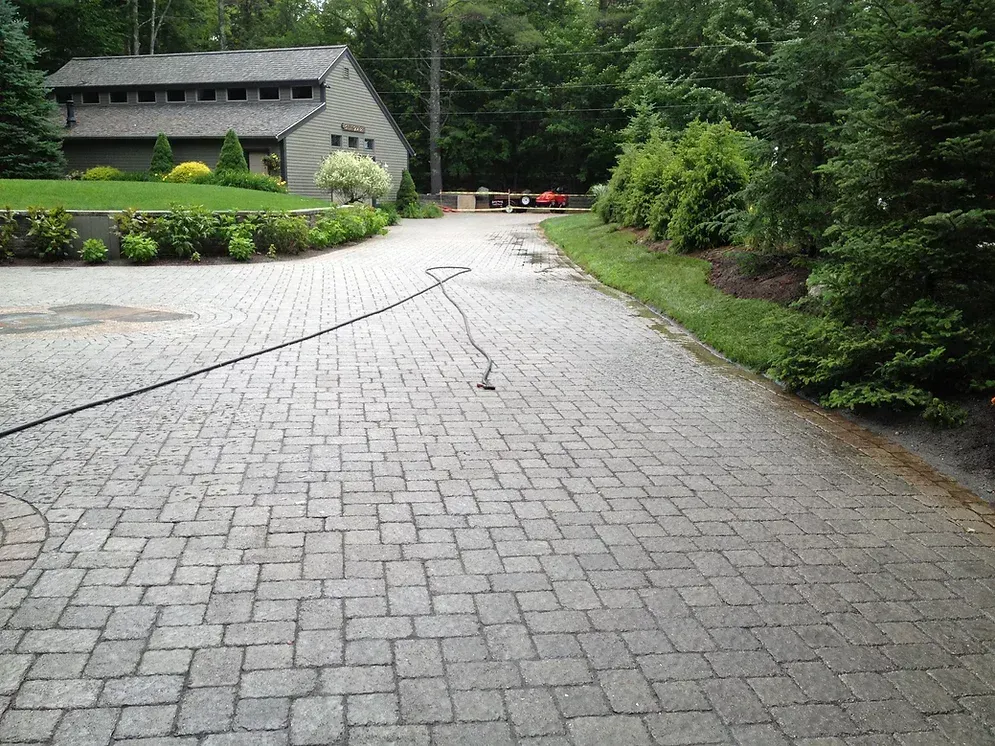 A gray brick paver driveway leads toward a house in a wooded area with green lawns and shrubs on either side.