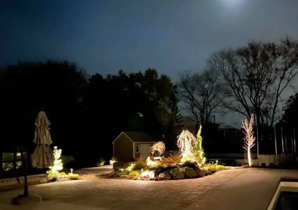 A landscaped backyard at night with stone pavers, illuminated shrubs, small trees, and a garden shed under a moonlit sky.