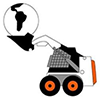 A white and black skid-steer loader carrying a globe icon showing South America in its front bucket.