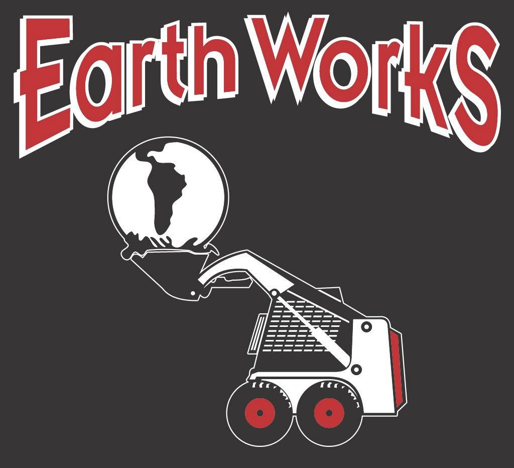 A red, arched "Earth Works" logo featuring a white skid-steer loader scooping a globe on a black background.