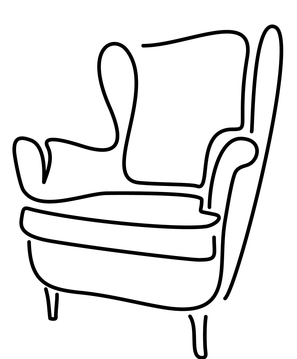 A black and white drawing of a chair on a white background.