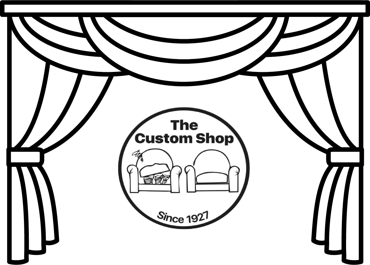 A black and white drawing of a curtain with a logo for the custom shop.
