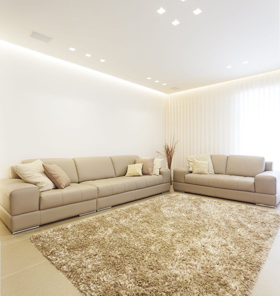 A living room with two couches and a rug