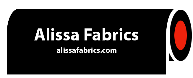 A logo for alissa fabrics with a red circle in the middle