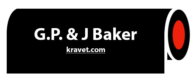 A logo for g.p. & j baker with a red circle in the middle
