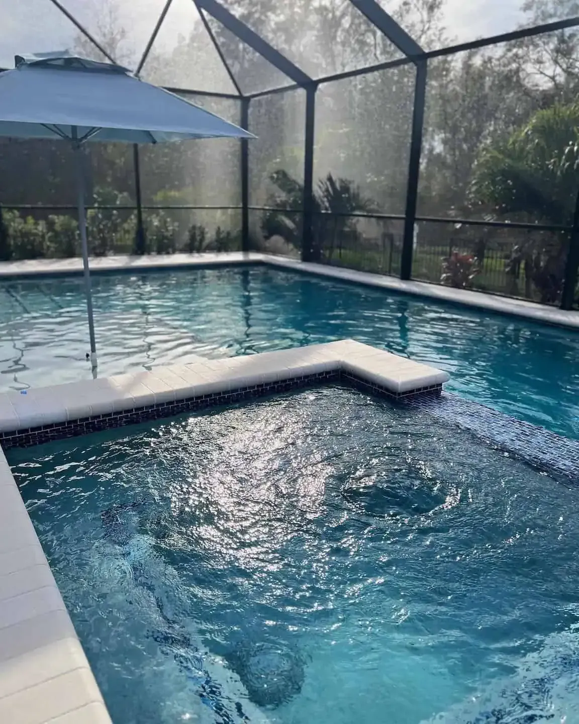 Screened backyard pool with clear blue water, spa ledge, and a patio umbrella under sunny trees