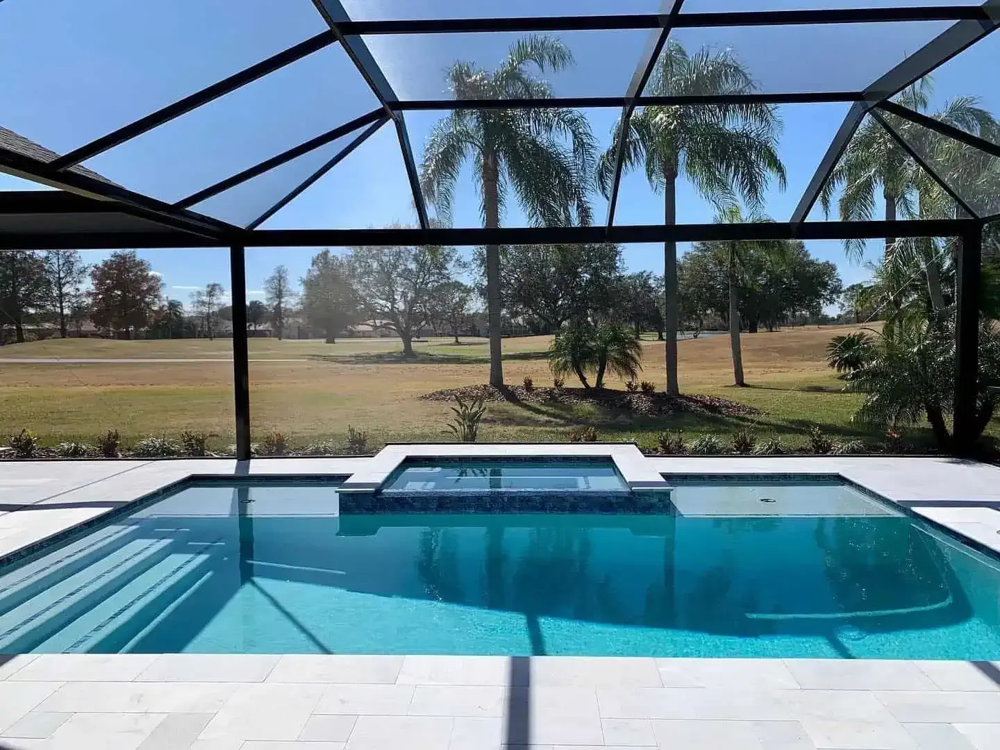 Backyard pool with turquoise water under a screened lanai, overlooking a grassy yard and palm trees
