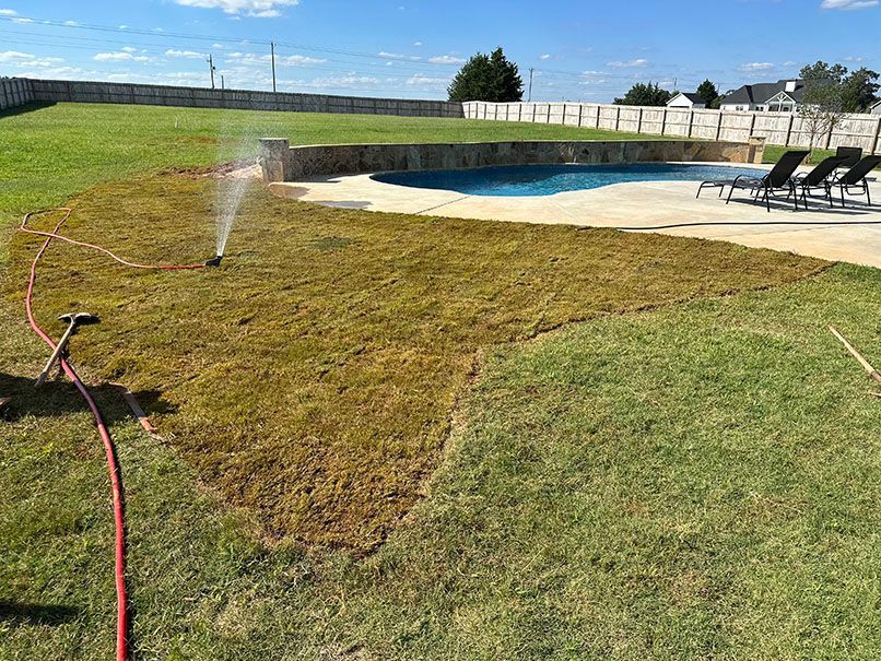 A lawn sprinkler is spraying water on a lush green lawn next to a pool.