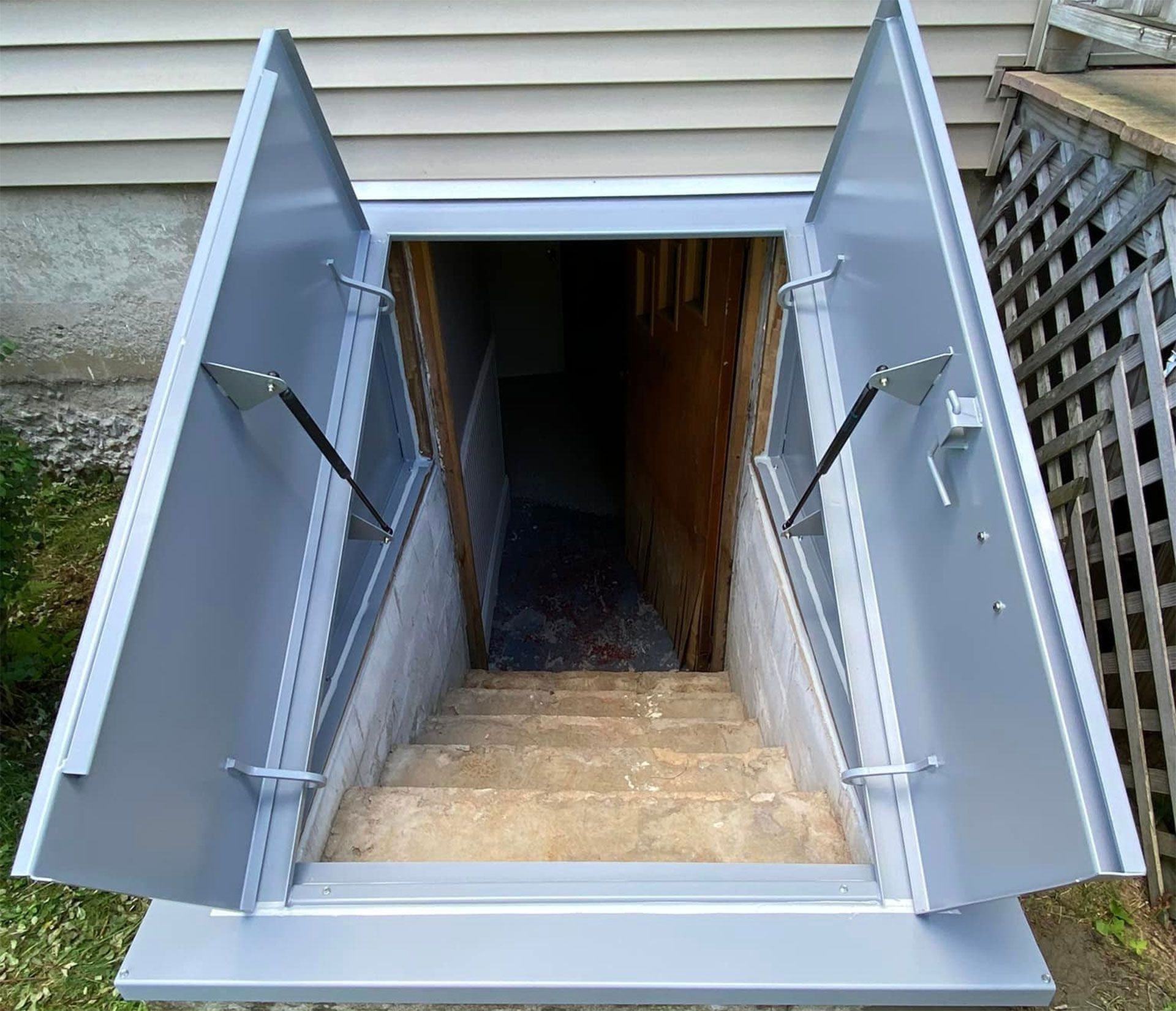 Gray metal basement door opened, revealing concrete stairs leading down.
