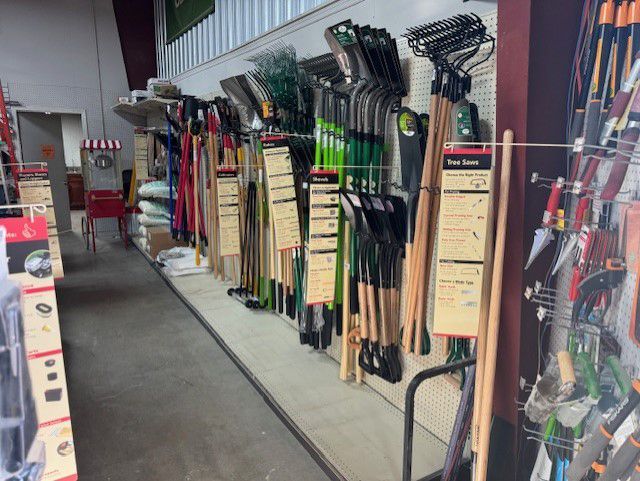 A row of gardening tools hanging on a wall in a store