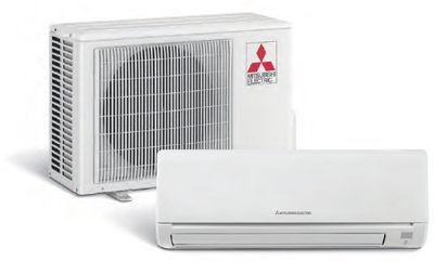 A mitsubishi air conditioner is sitting next to a mitsubishi air conditioner.