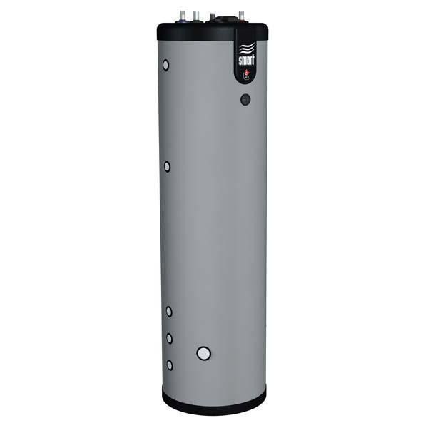 A gray and black water heater is sitting on a white surface.
