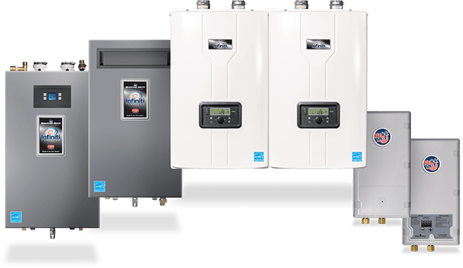 A group of water heaters are sitting next to each other on a white background.