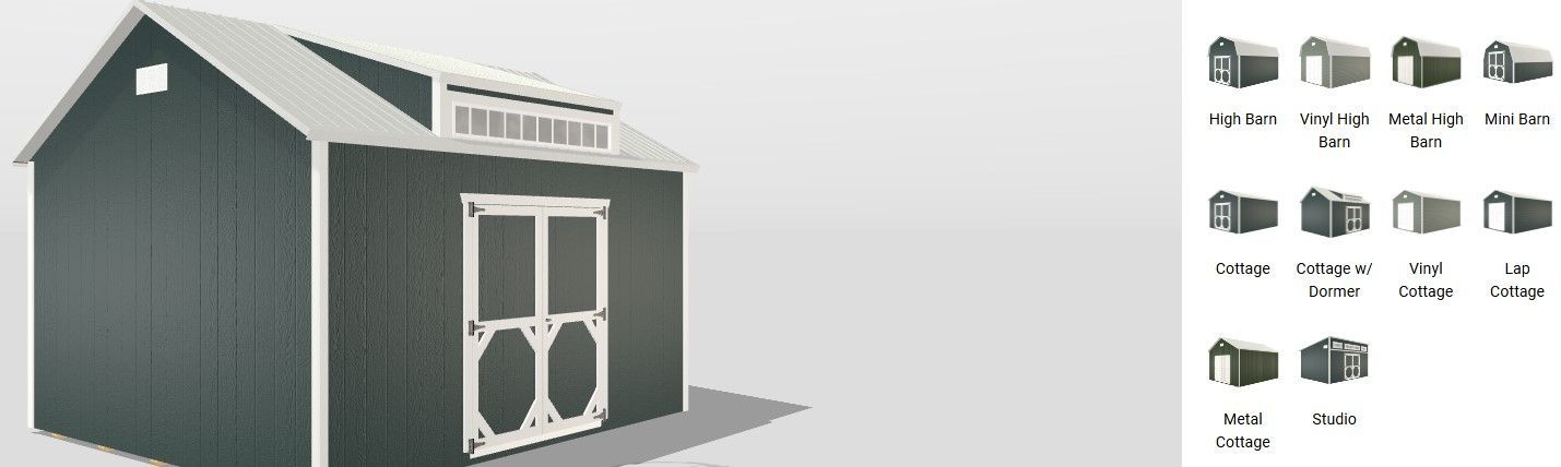 A charcoal-colored shed with a roof dormer, shown with a sidebar menu of various shed style options.