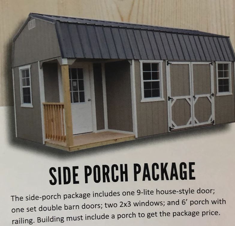 A grey shed with a side porch, 9-lite house door, double barn doors, and two windows with the text 
