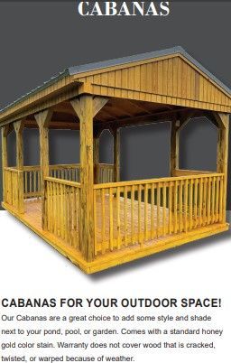 A wooden cabana with a peaked roof, railing, and honey gold finish, designed for outdoor garden or pool settings.
