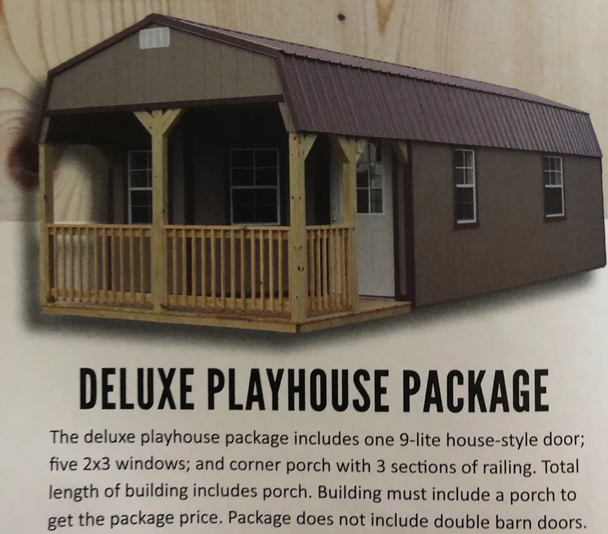 A brown portable building with a metal roof and front porch featuring wood railings, labeled 