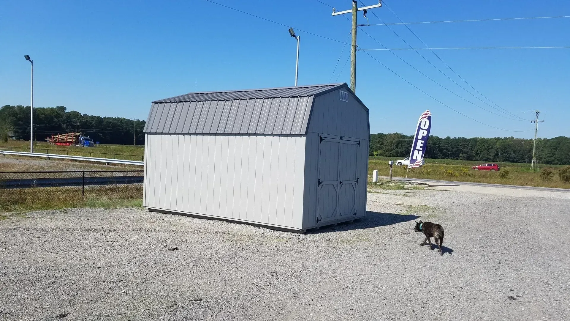 A small grey shed with a gambrel roof sits on a gravel lot under a clear blue sky, with a small dog walking nearby.