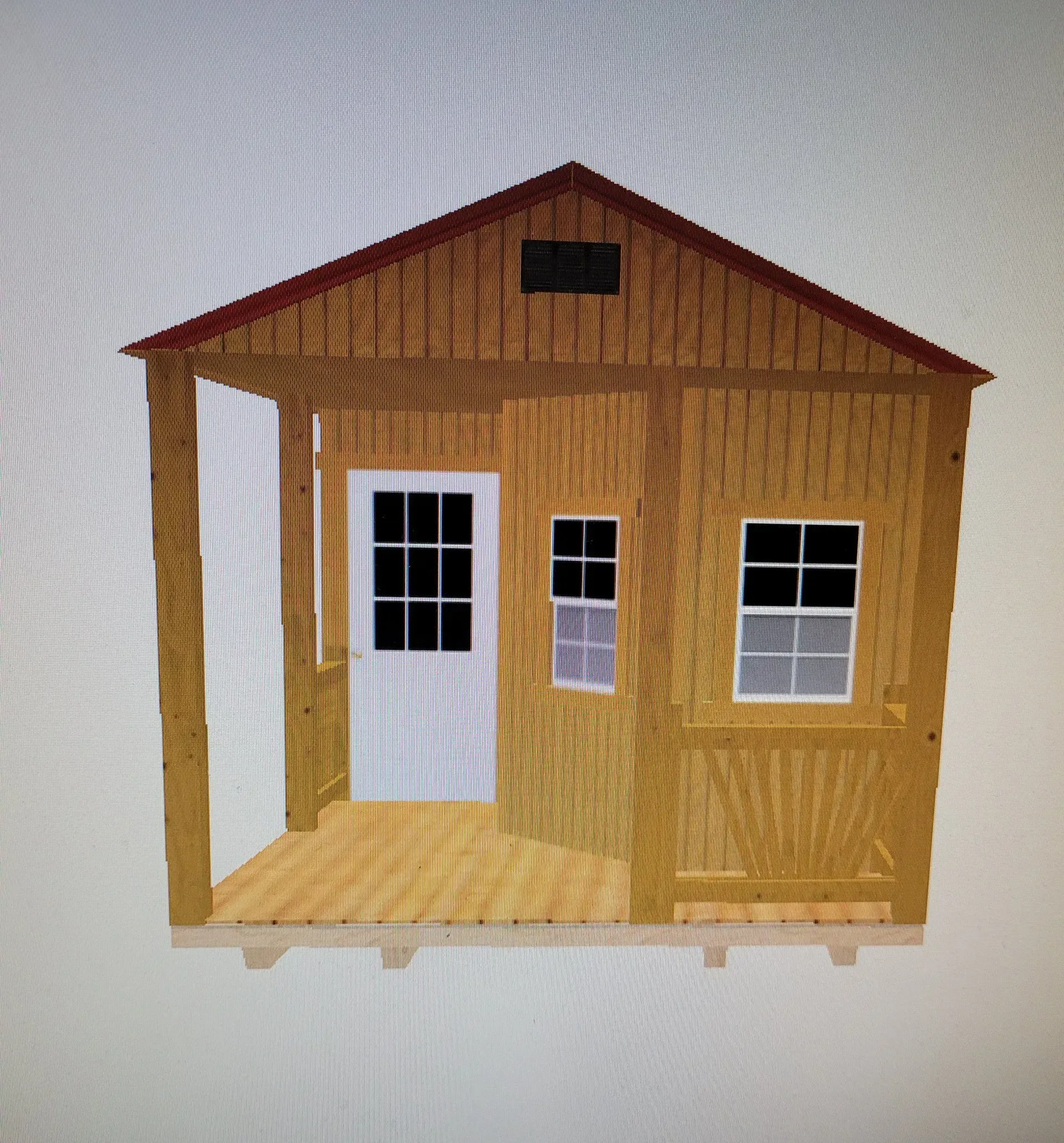 A rendering of a wooden cabin with a front porch, a white door, two windows, and a dark roof.