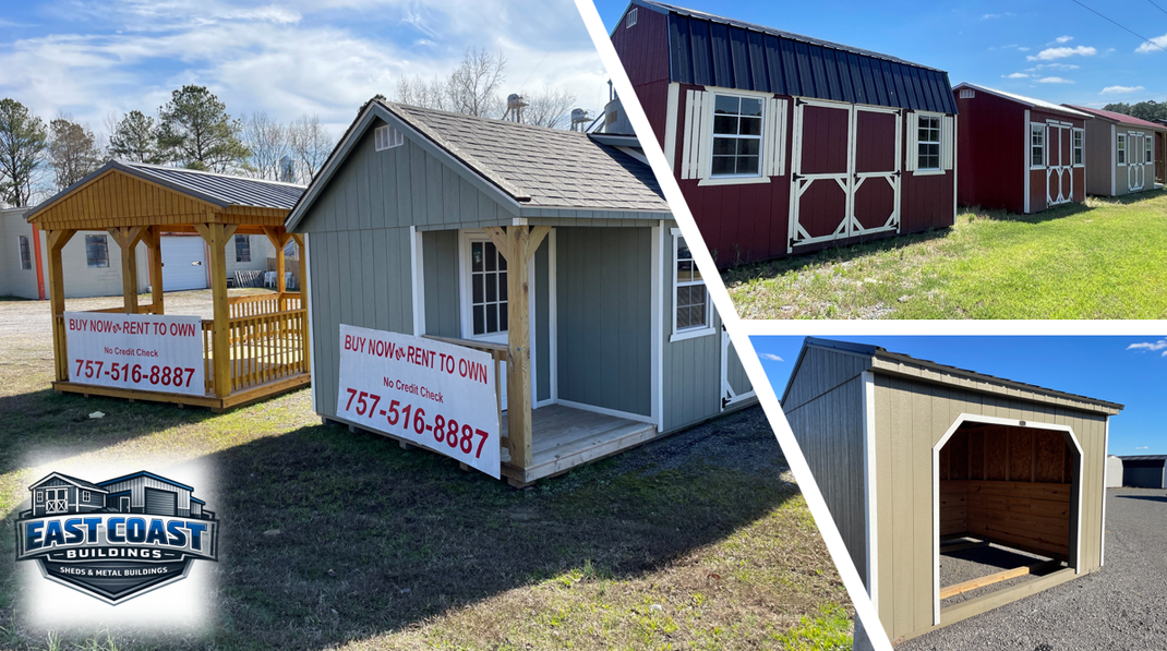 Modular cabins on display with East Coast sign, including gray and red sheds and a wooden gazebo
