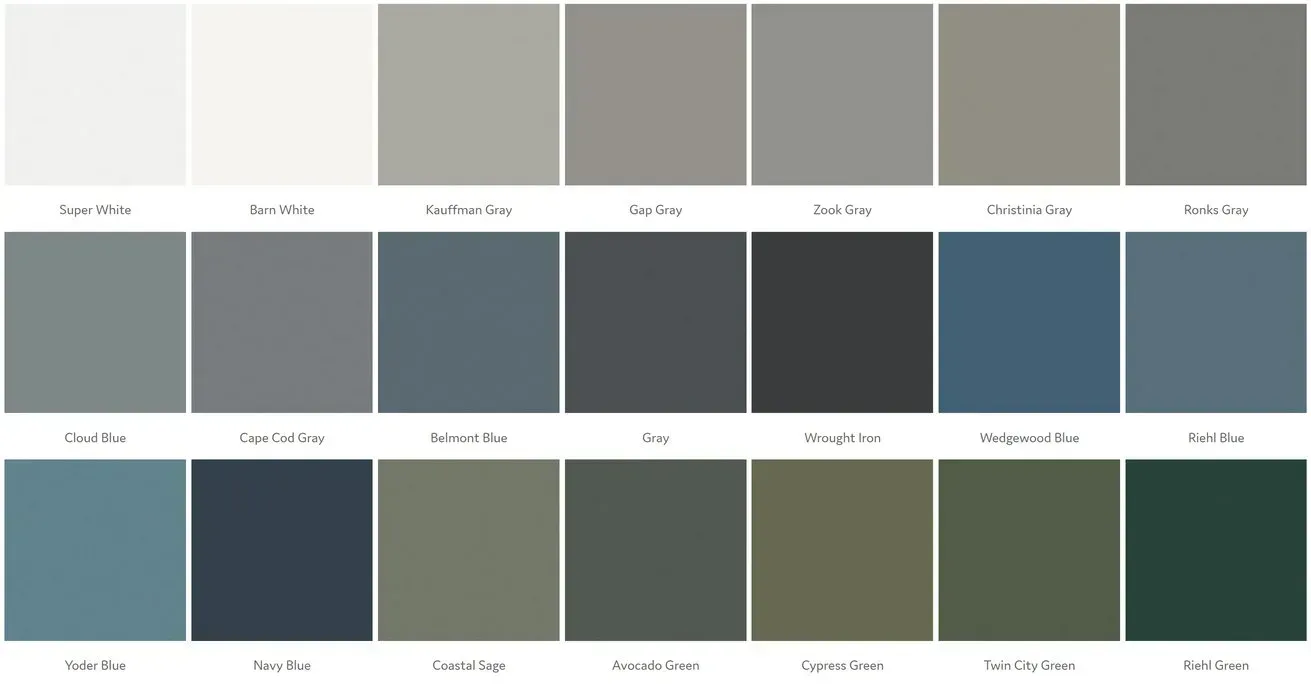 A color palette grid showing 21 swatches of neutral, blue, and green tones with labels.