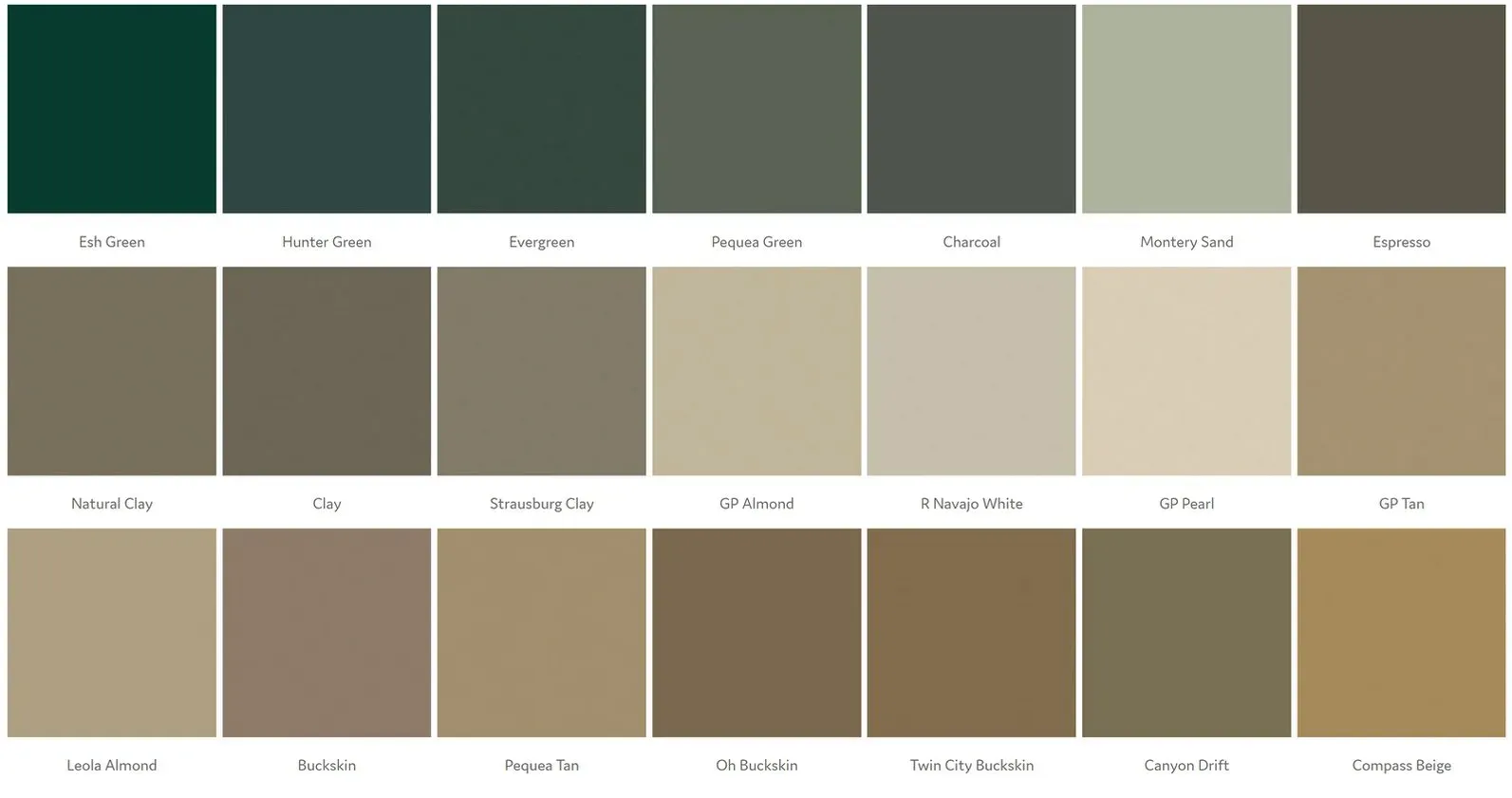 A color palette chart with three rows of seven squares featuring various shades of green, gray, tan, and brown.