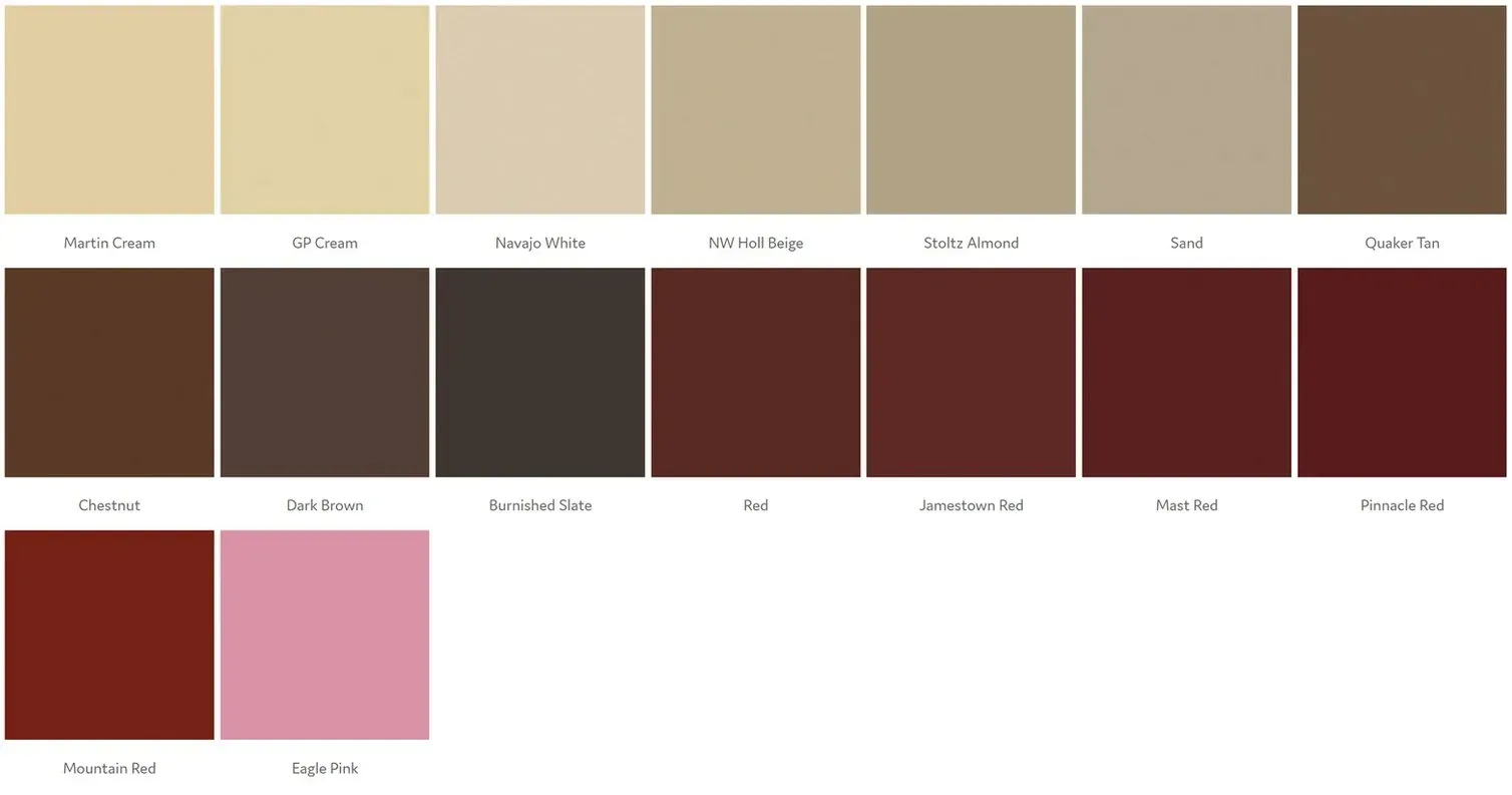 A color palette grid showing a range of seventeen neutral, brown, and red shades with labels below each color.