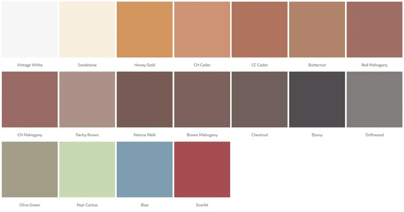 A grid of 18 color swatches ranging from neutrals and earth tones to sage, blue, and red, labeled with their names.