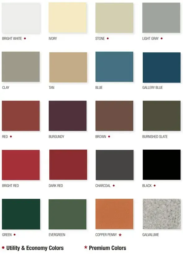 A grid of 20 paint color swatches, labeled with names and marked to indicate Utility, Economy, or Premium categories.