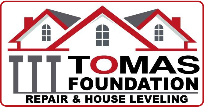 Logo for Tomas Foundation Repair & House Leveling featuring a house silhouette, structural pillars, and black and red text.